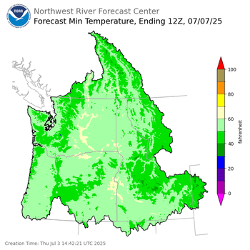 Day 4 (Sunday): Min Temperature Forecast ending Monday, July 7 at 5 am PDT