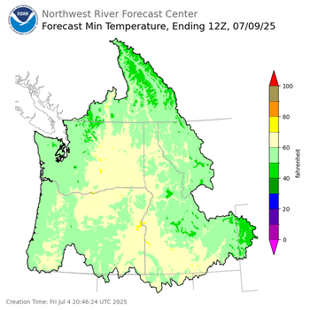Day 5 (Tuesday): Min Temperature Forecast ending Wednesday, July 9 at 5 am PDT