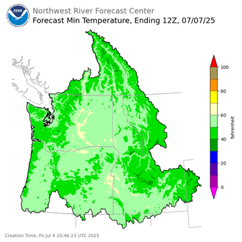 Day 3 (Sunday): Min Temperature Forecast ending Monday, July 7 at 5 am PDT