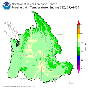 Day 4 (Monday): Min Temperature Forecast ending Tuesday, July 8 at 5 am PDT