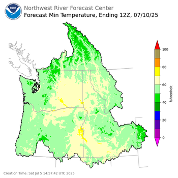 Day 5 (Wednesday): Min Temperature Forecast ending Thursday, July 10 at 5 am PDT
