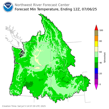 Day 1 (Saturday): Min Temperature Forecast ending Sunday, July 6 at 5 am PDT