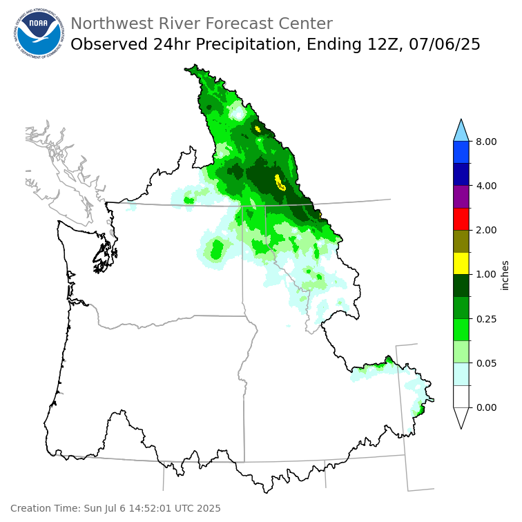 Observed Precipitation ending Sunday, July 6 at 5 am PDT