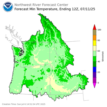 Day 5 (Thursday): Min Temperature Forecast ending Friday, July 11 at 5 am PDT