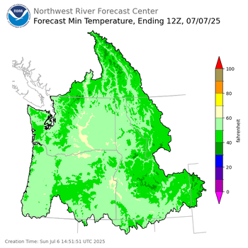 Day 1 (Sunday): Min Temperature Forecast ending Monday, July 7 at 5 am PDT