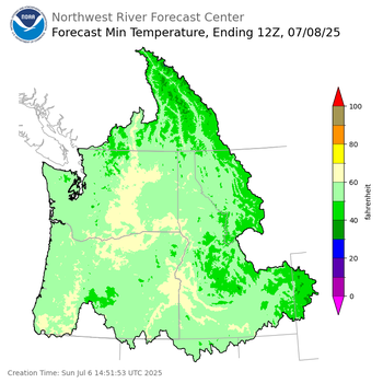 Day 2 (Monday): Min Temperature Forecast ending Tuesday, July 8 at 5 am PDT