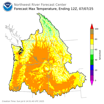Day 1 (Sunday): Max Temperature Forecast ending Monday, July 7 at 5 am PDT