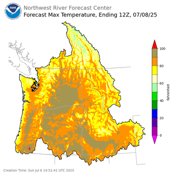 Day 2 (Monday): Max Temperature Forecast ending Tuesday, July 8 at 5 am PDT