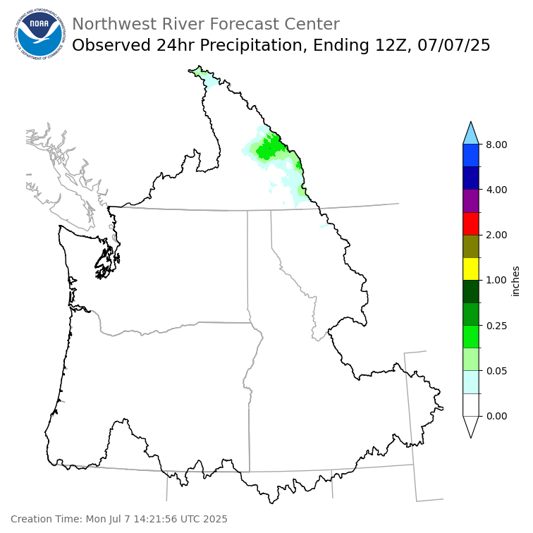 Observed Precipitation ending Monday, July 7 at 5 am PDT