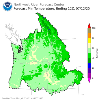 Day 5 (Friday): Min Temperature Forecast ending Saturday, July 12 at 5 am PDT