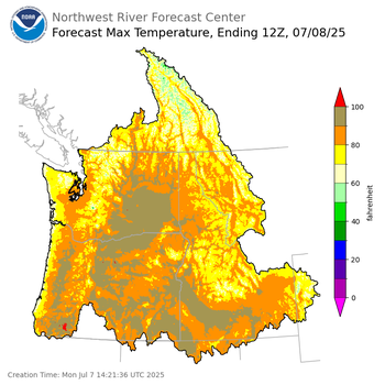 Day 1 (Monday): Max Temperature Forecast ending Tuesday, July 8 at 5 am PDT