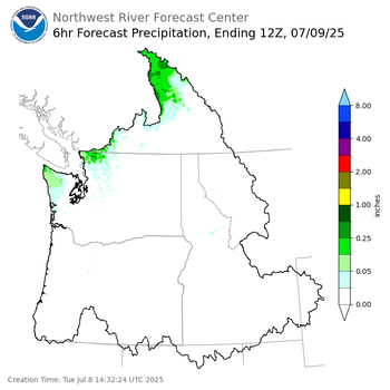 Day 1 (Tuesday): 6 Hourly Precipitation Forecast ending Wednesday, July 9 at 5 am PDT