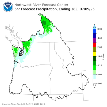 Day 2 (Wednesday): 6 Hourly Precipitation Forecast  ending Wednesday, July 9 at 11 am PDT