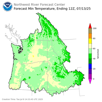 Day 5 (Saturday): Min Temperature Forecast ending Sunday, July 13 at 5 am PDT