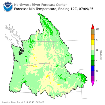Day 1 (Tuesday): Min Temperature Forecast ending Wednesday, July 9 at 5 am PDT