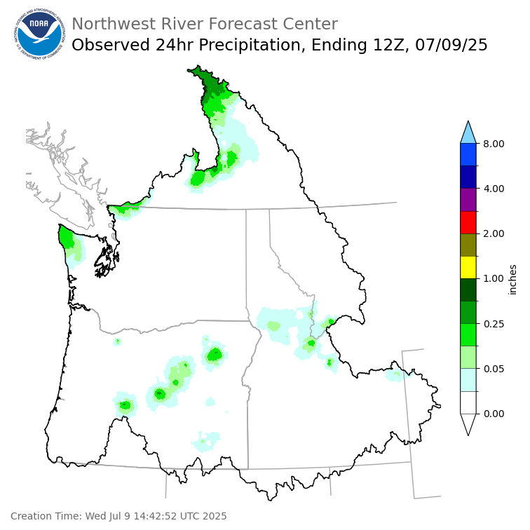 Observed Precipitation ending Wednesday, July 9 at 5 am PDT