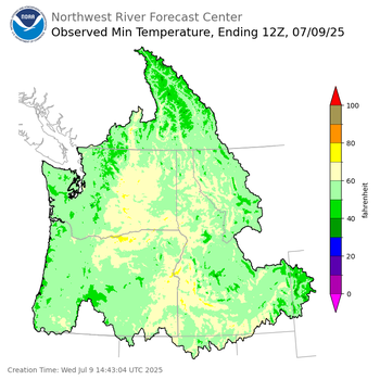 Minimum Temperatures ending Wednesday, July 9 at 5 am PDT