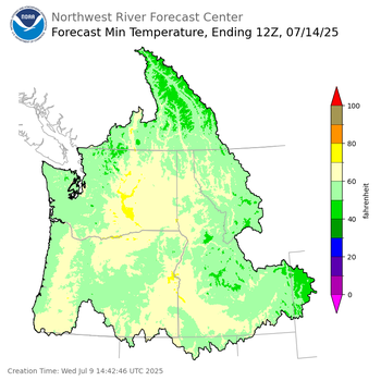 Day 5 (Sunday): Min Temperature Forecast ending Monday, July 14 at 5 am PDT