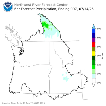 Day 3 (Sunday): 6 Hourly Precipitation Forecast  ending Sunday, July 13 at 5 pm PDT