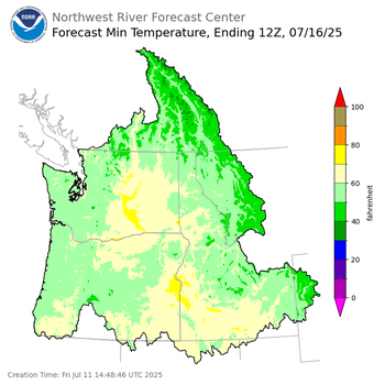 Day 5 (Tuesday): Min Temperature Forecast ending Wednesday, July 16 at 5 am PDT