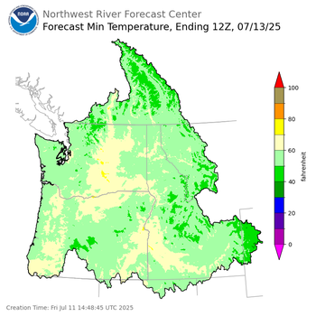 Day 2 (Saturday): Min Temperature Forecast ending Sunday, July 13 at 5 am PDT