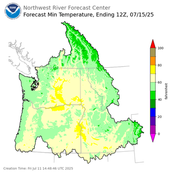 Day 4 (Monday): Min Temperature Forecast ending Tuesday, July 15 at 5 am PDT