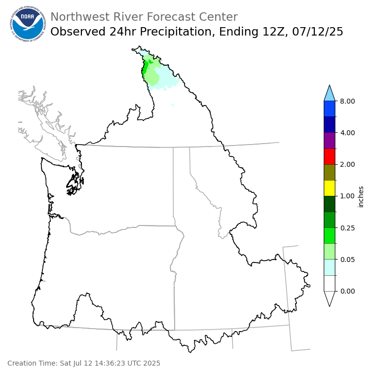 Observed Precipitation ending Saturday, July 12 at 5 am PDT