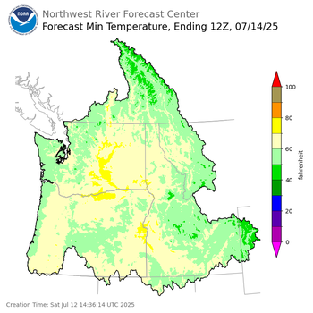 Day 2 (Sunday): Min Temperature Forecast ending Monday, July 14 at 5 am PDT