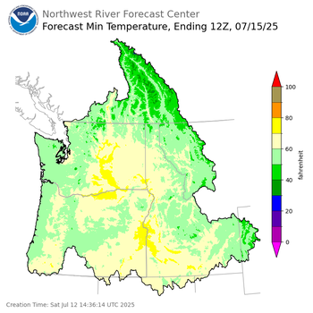 Day 3 (Monday): Min Temperature Forecast ending Tuesday, July 15 at 5 am PDT