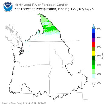 Day 1 (Sunday): 6 Hourly Precipitation Forecast ending Monday, July 14 at 5 am PDT