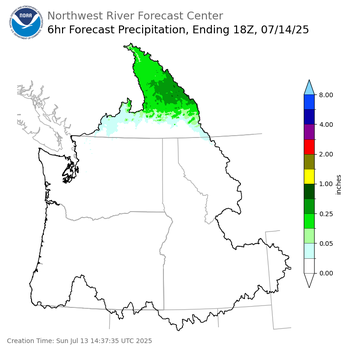 Day 2 (Monday): 6 Hourly Precipitation Forecast  ending Monday, July 14 at 11 am PDT
