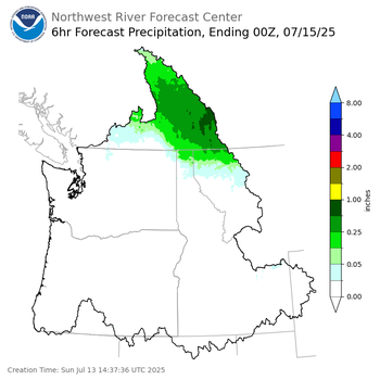 Day 2 (Monday): 6 Hourly Precipitation Forecast  ending Monday, July 14 at 5 pm PDT