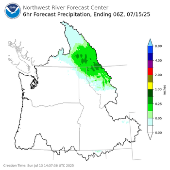Day 2 (Monday): 6 Hourly Precipitation Forecast  ending Monday, July 14 at 11 pm PDT