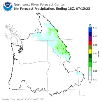 Day 3 (Tuesday): 6 Hourly Precipitation Forecast  ending Tuesday, July 15 at 11 am PDT