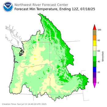 Day 5 (Thursday): Min Temperature Forecast ending Friday, July 18 at 5 am PDT