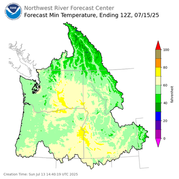 Day 2 (Monday): Min Temperature Forecast ending Tuesday, July 15 at 5 am PDT