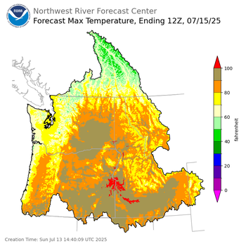 Day 2 (Monday): Max Temperature Forecast ending Tuesday, July 15 at 5 am PDT