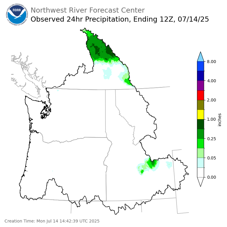 Observed Precipitation ending Monday, July 14 at 5 am PDT