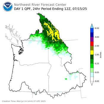 Day 1 (Monday): Precipitation Forecast ending Tuesday, July 15 at 5 am PDT