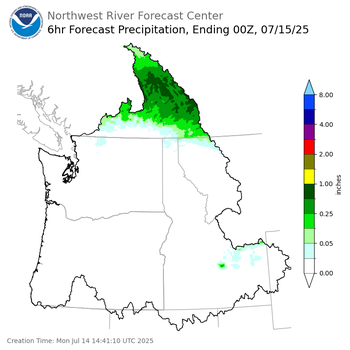 Day 1 (Monday): 6 Hourly Precipitation Forecast ending Monday, July 14 at 5 pm PDT