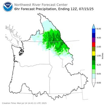 Day 1 (Monday): 6 Hourly Precipitation Forecast ending Tuesday, July 15 at 5 am PDT