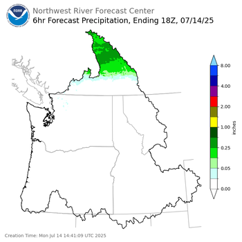 Day 1 (Monday): 6 Hourly Precipitation Forecast ending Monday, July 14 at 11 am PDT