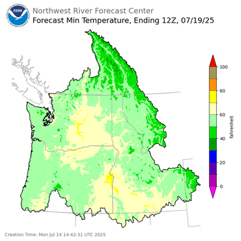 Day 5 (Friday): Min Temperature Forecast ending Saturday, July 19 at 5 am PDT