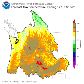Day 1 (Monday): Max Temperature Forecast ending Tuesday, July 15 at 5 am PDT