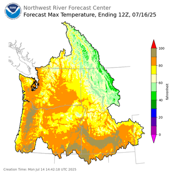 Day 2 (Tuesday): Max Temperature Forecast ending Wednesday, July 16 at 5 am PDT