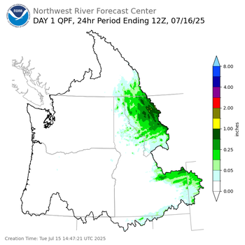 Day 1 (Tuesday): Precipitation Forecast ending Wednesday, July 16 at 5 am PDT