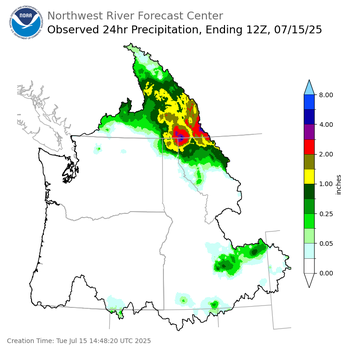Observed Precipitation ending Tuesday, July 15 at 5 am PDT