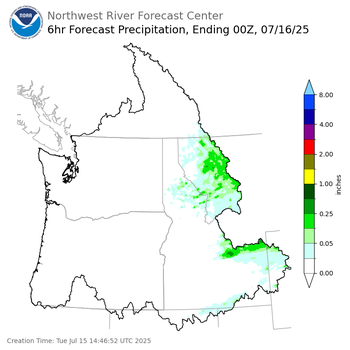 Day 1 (Tuesday): 6 Hourly Precipitation Forecast ending Tuesday, July 15 at 5 pm PDT