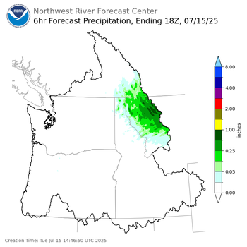 Day 1 (Tuesday): 6 Hourly Precipitation Forecast ending Tuesday, July 15 at 11 am PDT