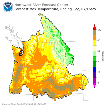 Day 1 (Tuesday): Max Temperature Forecast ending Wednesday, July 16 at 5 am PDT